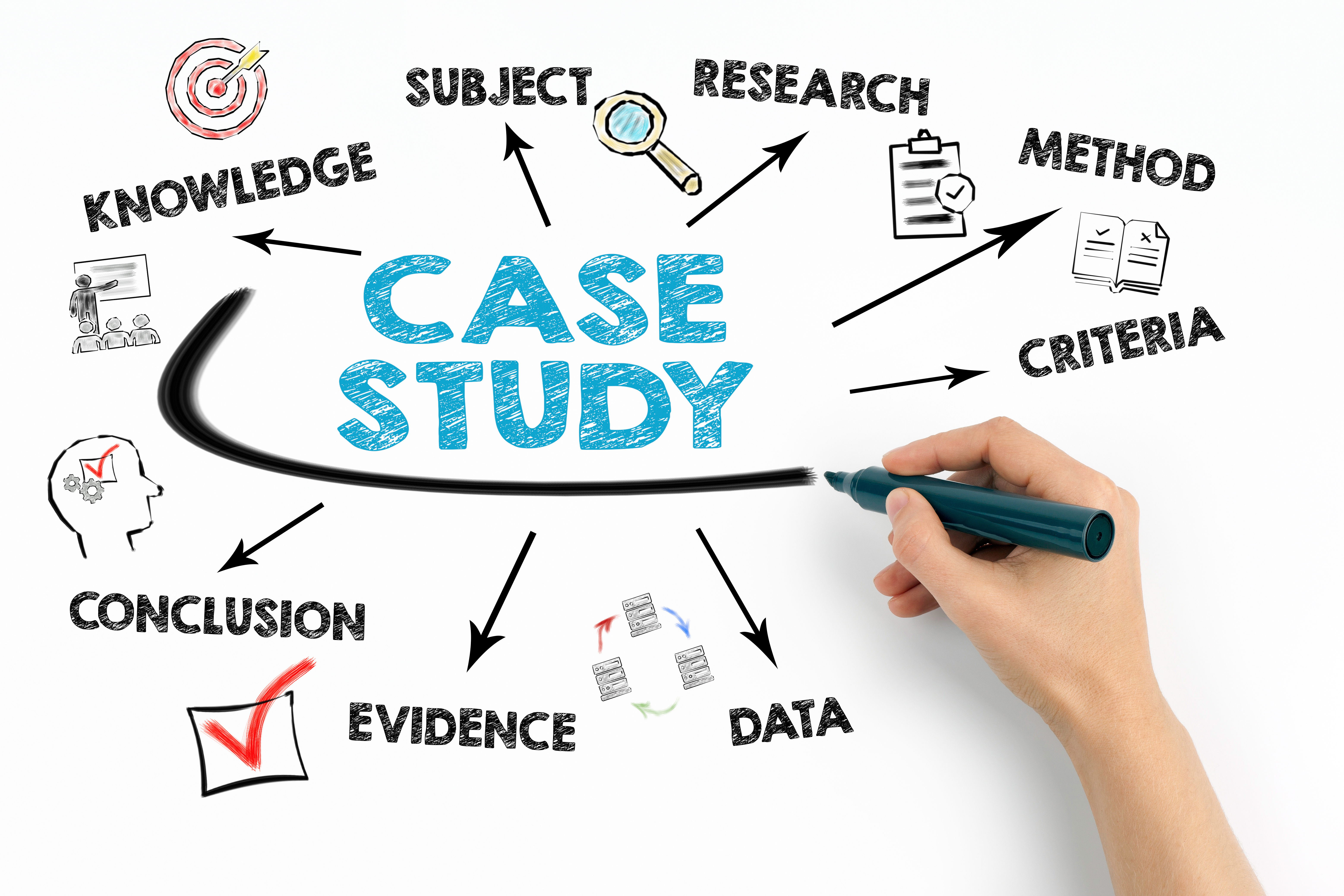 Case study Concept. Chart with keywords and icons on white background